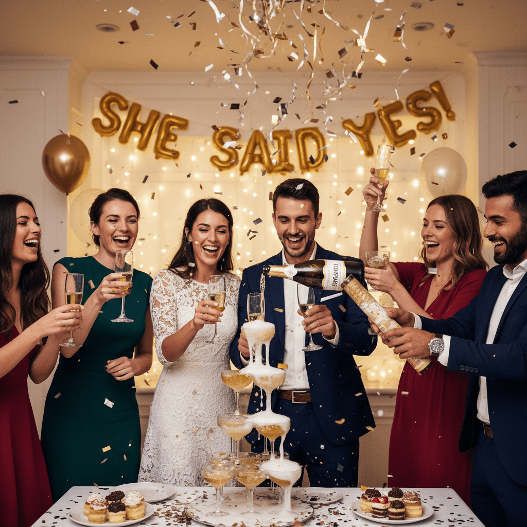 Friends celebrating with champagne at an engagement party