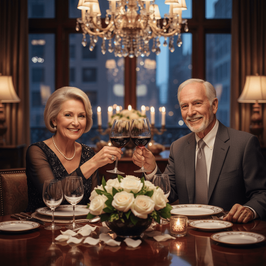Couple toasting with wine glasses at a dinner table
