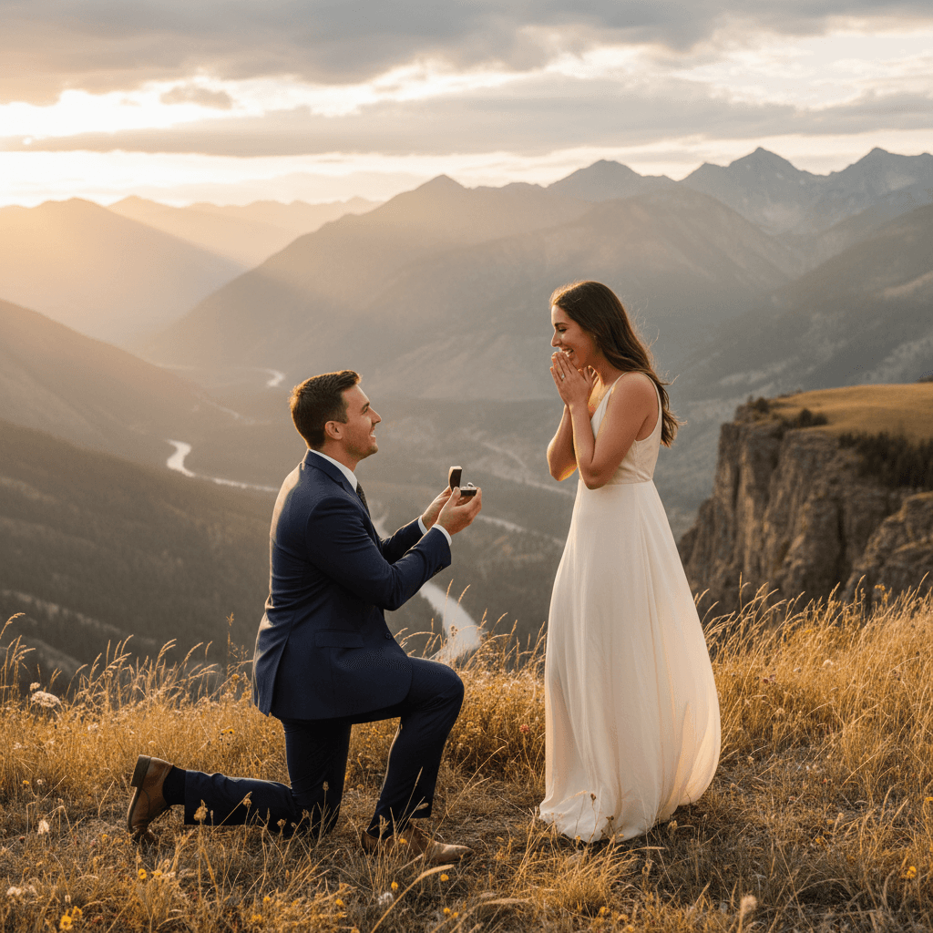 Man proposing to his partner outdoors at sunset