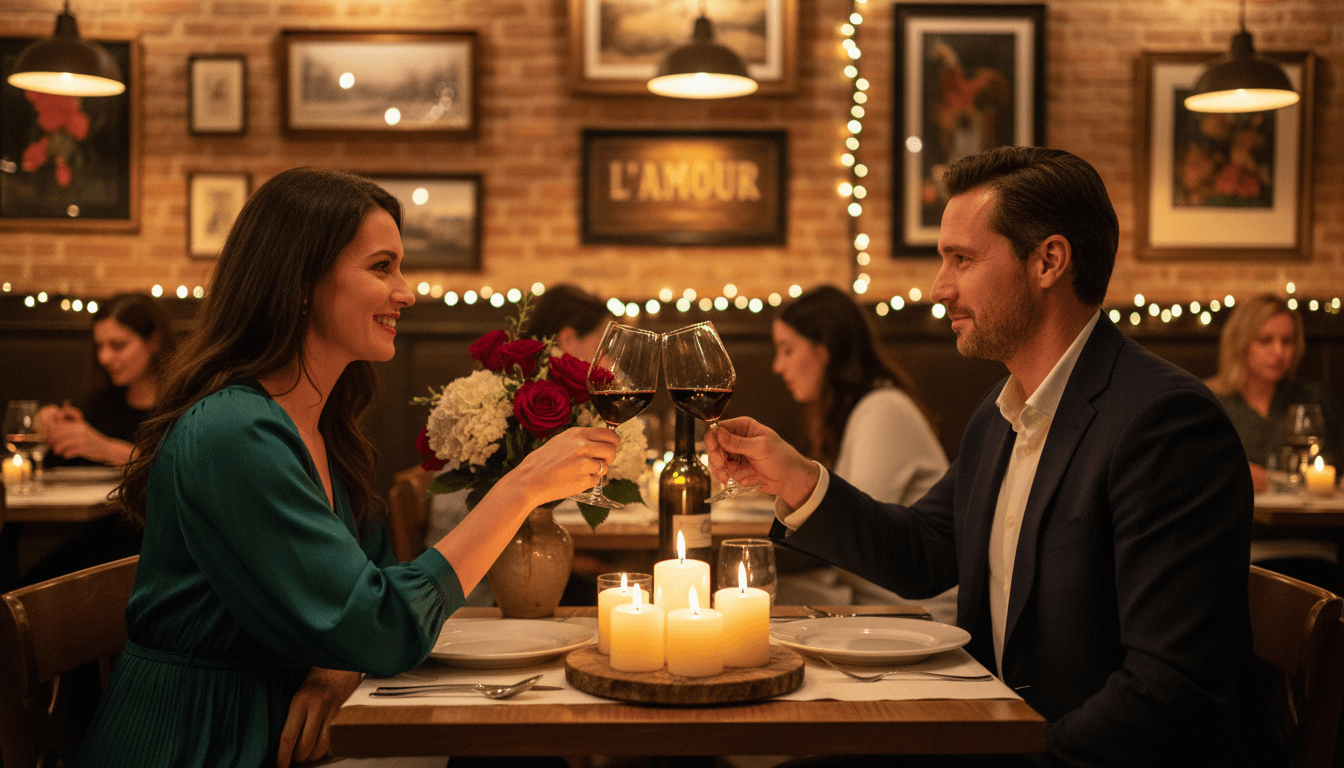 Couple toasting at a candlelit dinner table in a warm restaurant