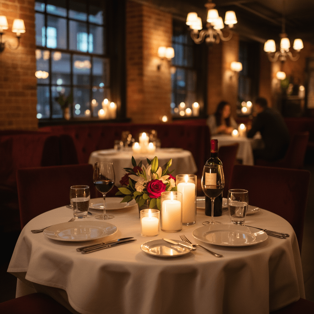 Candlelit dinner table set for two in a cozy restaurant