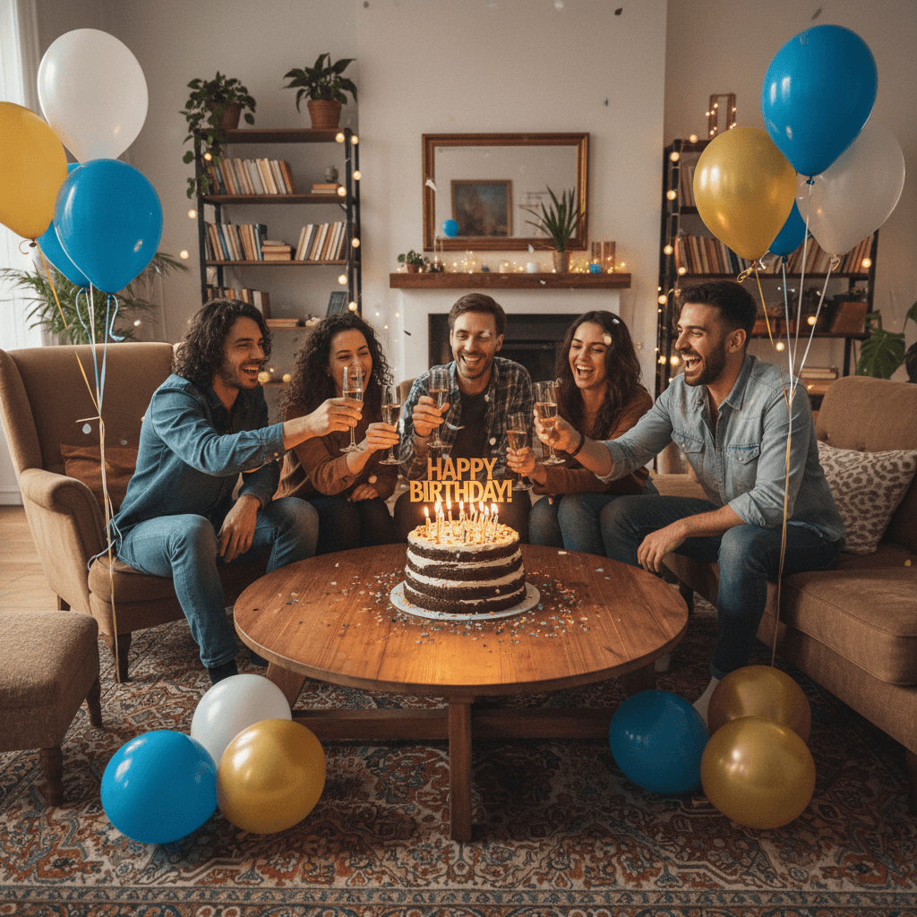 Friends celebrating with birthday cake and balloons