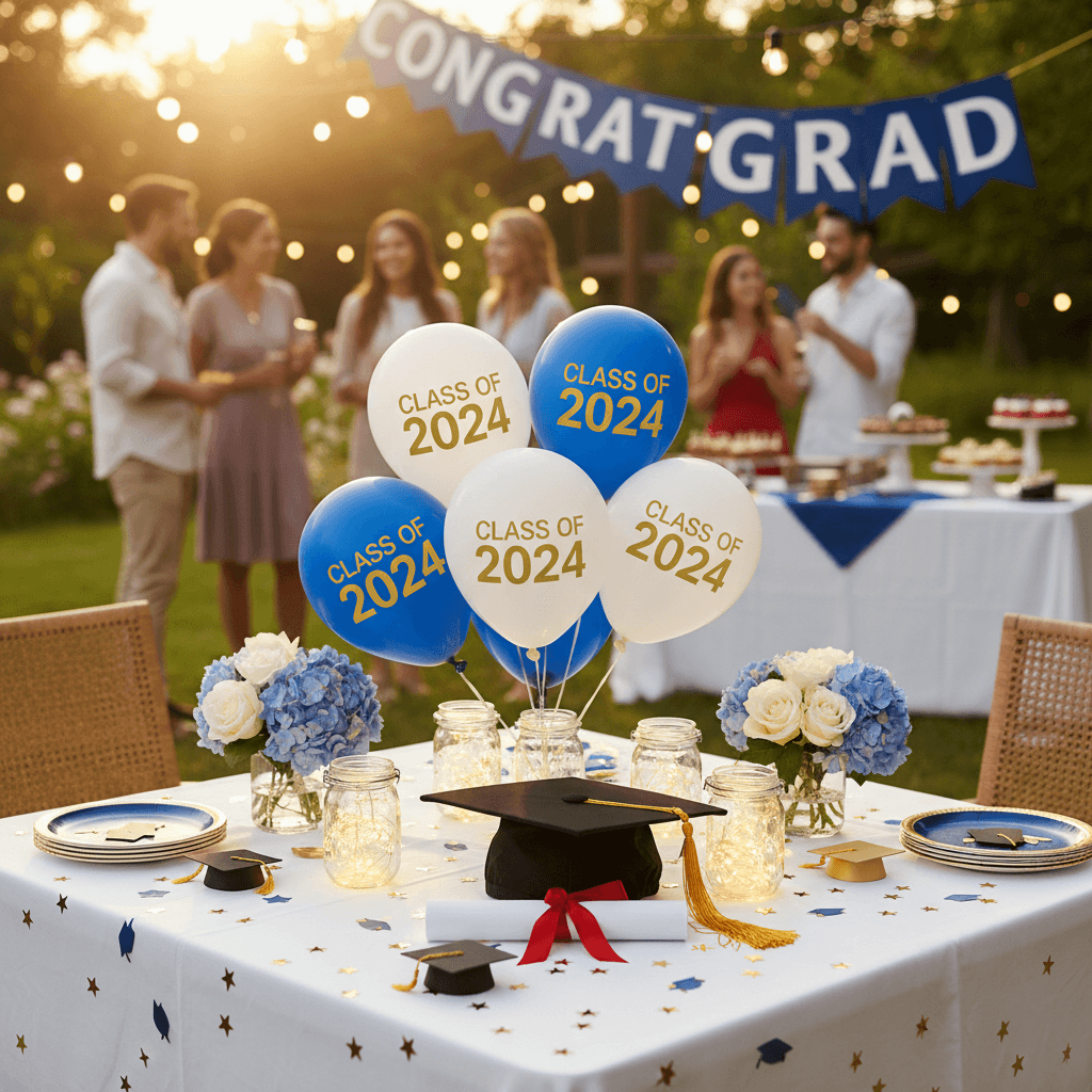 Graduation cap and diploma on a decorated party table