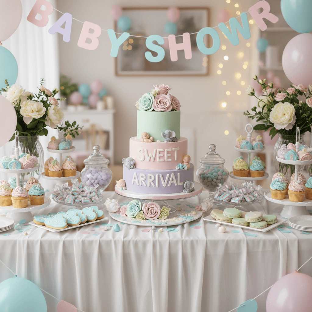 Pastel baby shower decorations and cake on a table