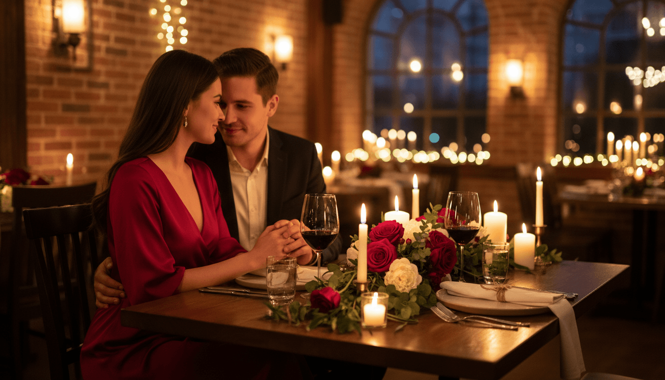Happy couple toasting at a candlelit dinner table beautifully set for a date night