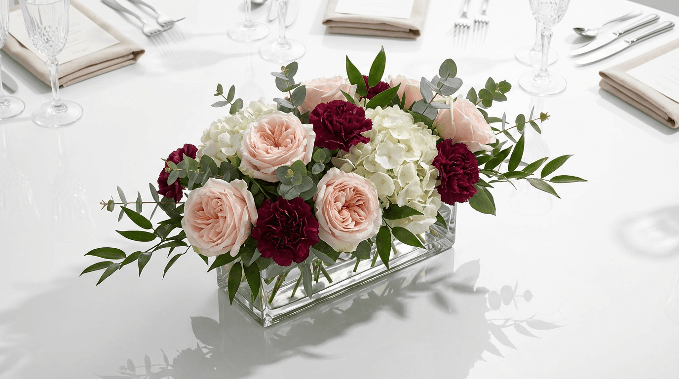 Corporate event table with floral centerpiece
