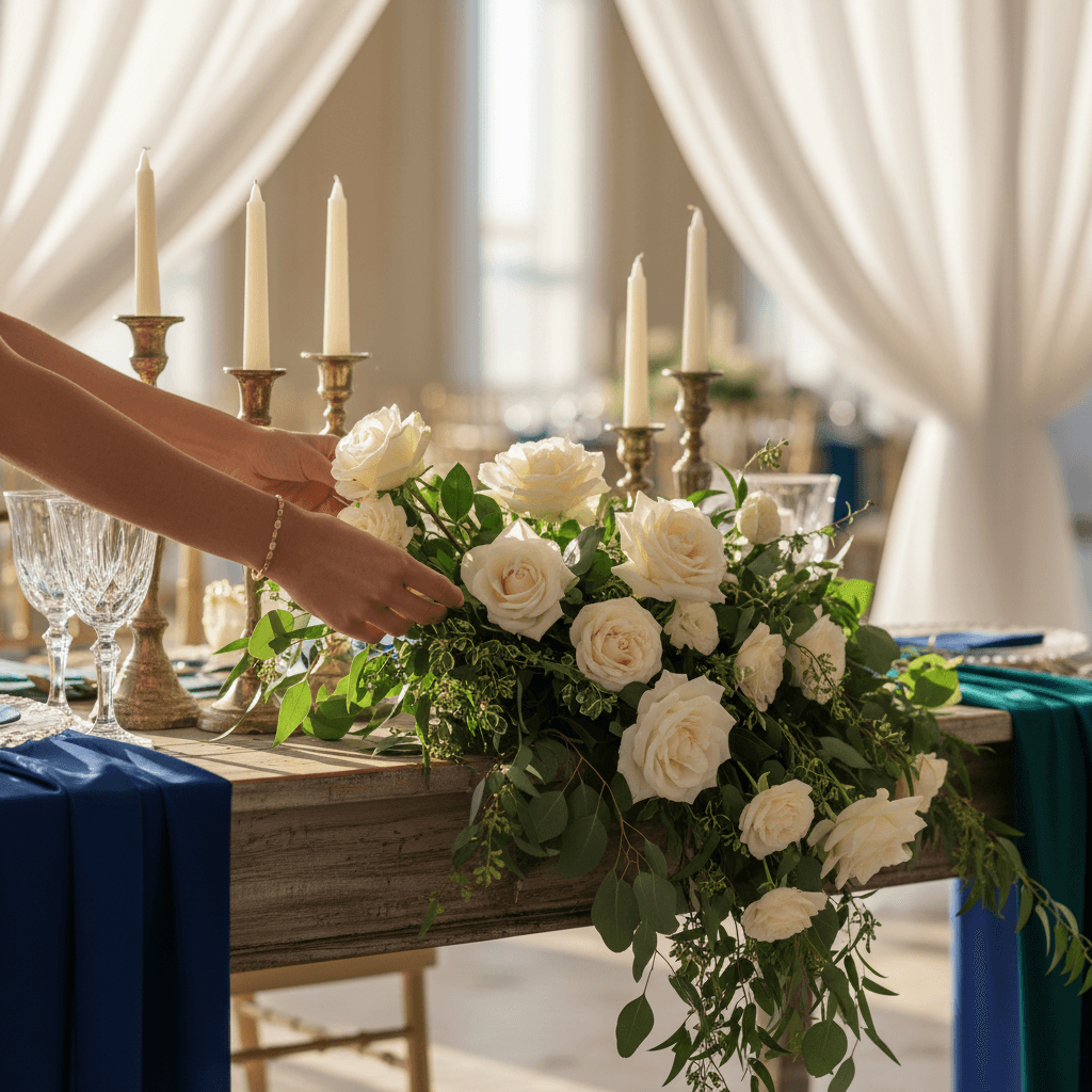 Event planner arranging flowers and place settings on an elegant table in warm lighting